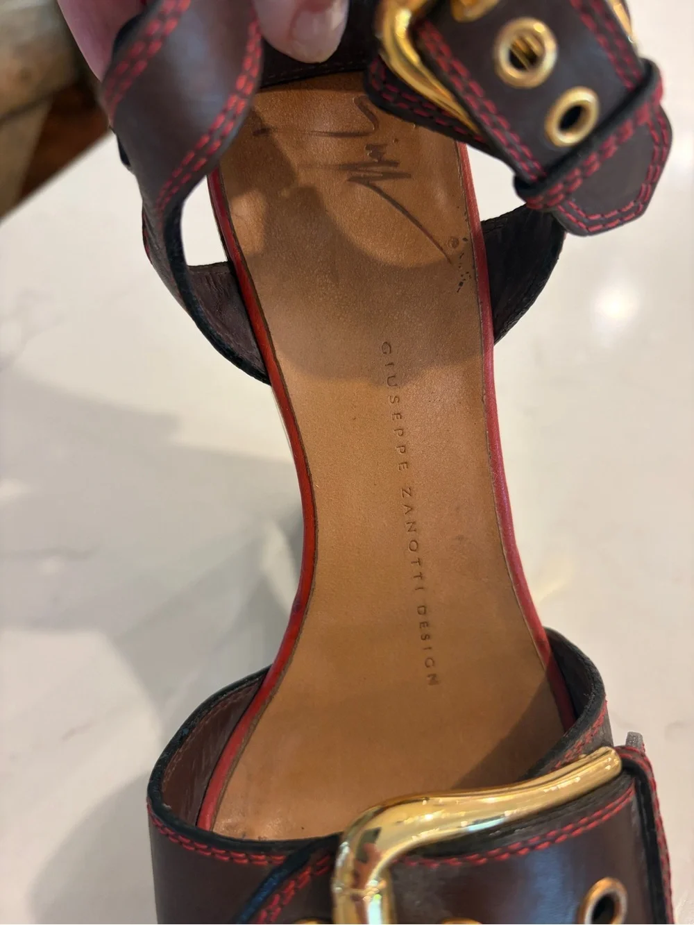 GIUSEPPE ZANOTTI “Bloc” sandals with gold wedge heel. Size 35 or U.S. 5. SO FUN!